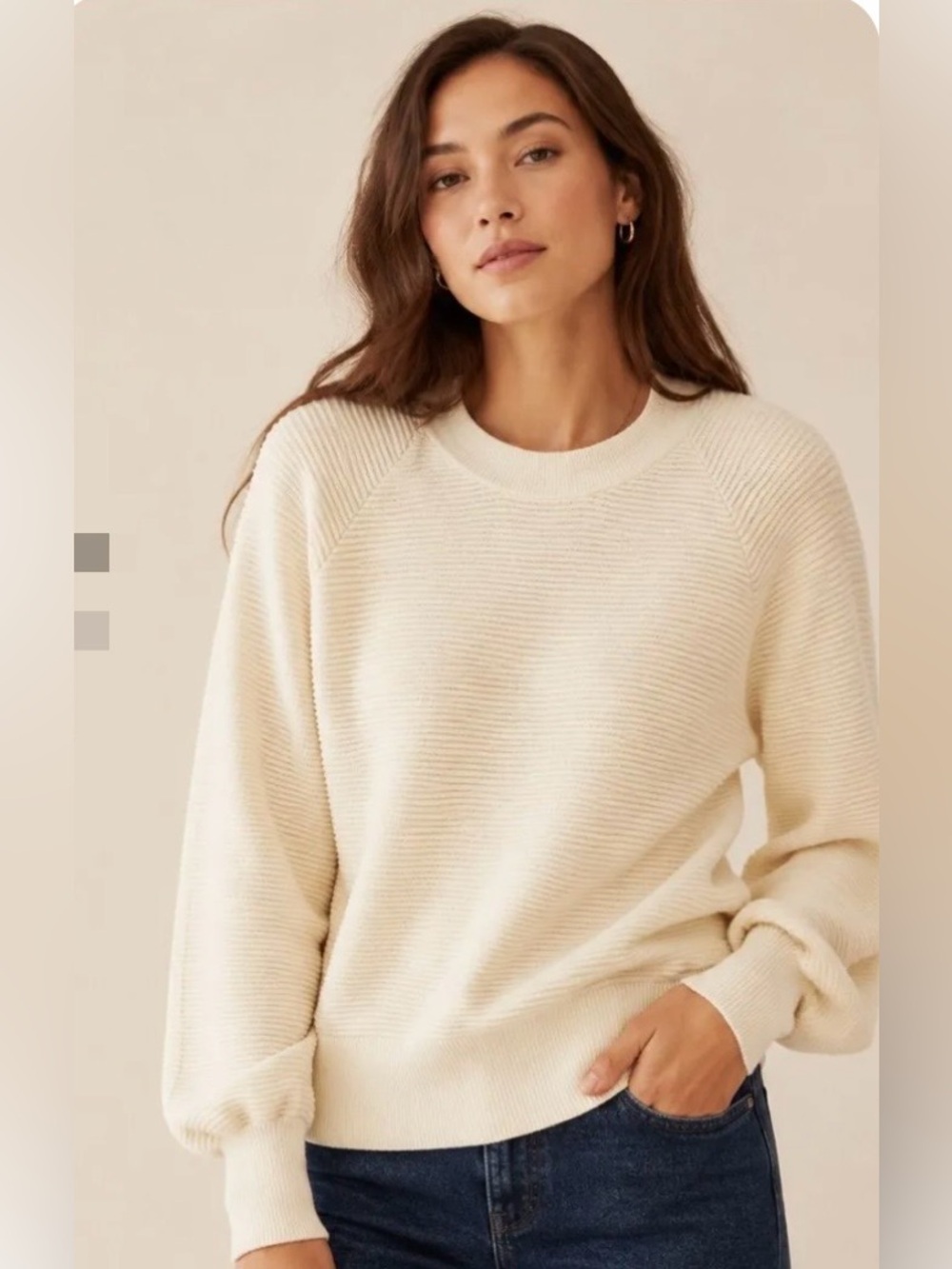 NWT Madewell Corbett Balloon Sleeve Cream Ribbed Crewneck Sweater - Ivory Size S